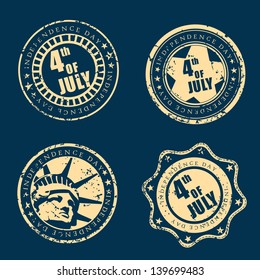 Grungy rubber stamps set for 4th of July, American Independence Day on blue background.