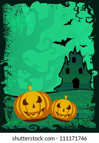 Grungy scary Halloween background with  flying bats, haunted house and scary pumpkins.. EPS 10.
