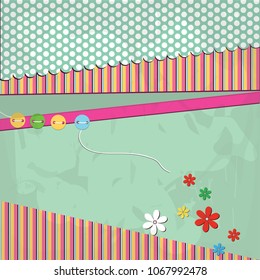 Grungy Scrapbook layout with vintage button, ribbons, and stamp embellishments with a love theme.