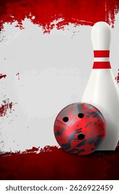 Grungy scratchy dynamic bowling background with ball, skittle and plenty of space for your text - vector illustration