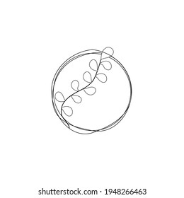 Grungy scribble circle with delicate branch. Circular outline vector image. Graphic minimal twig and circular frame. Black doodle circles. Vector round curves. Logo element template. Minimal border
