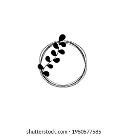 Grungy scribble circle with delicate branch. Circular outline vector image. Graphic minimal twig and circular frame. Black doodle circles. Vector round curves. Logo element template. Minimal border