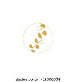 Grungy scribble circle with delicate branch. Circular outline vector image. Graphic minimal twig and circular frame. Black doodle circles. Vector round curves. Logo element template. Minimal border