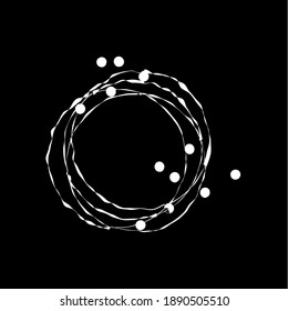 Grungy scribble circles. Circular outline vector image. Rings outline. White doodle circles. Vector round curves. Logo element template. Editable geometric element isolated on black. 