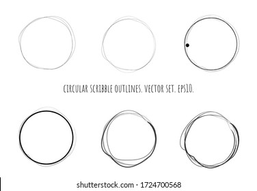 Grungy scribble circles set. Circular outline vector image. Rings outline. 
Black doodle circles. Vector round curves. Logo element template. 
Editable geometric element isolated on white.
