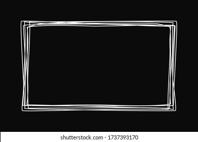 Grungy scribble rectangle banner, hand drawn with thin line, chalk board style, isolated on black background. Vector illustration