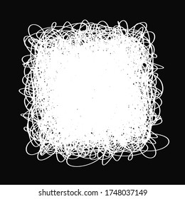 Grungy scribble SQUARE banner, hand drawn with thin line, chalk board style, isolated on black background. Vector illustration