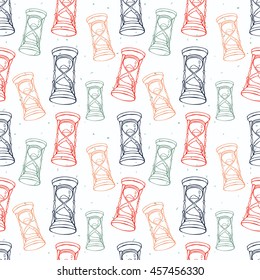 Grungy seamless pattern with hourglass in sketch handdrawn style. Inky vector illustration.