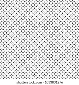 Grungy seamless texture of distorted tiny rhombs arranged in rich noisy grid seamless pattern. Half tone vector texture for shading and texturing.