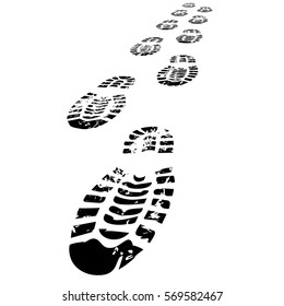 Grungy shoe prints walking forwards in perspective
