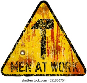 grungy sign men at work, web site maintenance. vector, fictional artwork