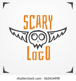 Grungy skull with wings and sample text, scary logo. Funny cartoon skull logotype. Hand drawn skull. Skull stock vector image.