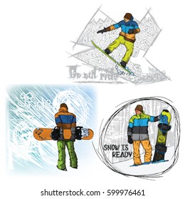 Grungy snowboarder vector batch with 3 designs and text 