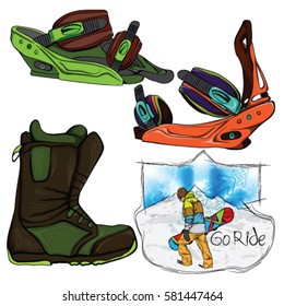 Grungy snowboarder vectror batch eps10 with text boot binding