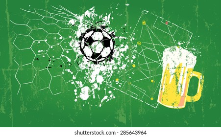 grungy Soccer illustration and beer, free copy space, vector 