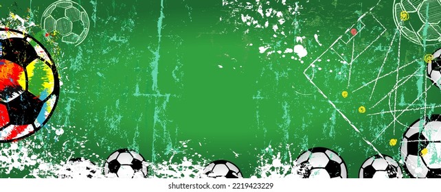 grungy soccer template with multicolored soccer ball and rough texture, free copy space, great soccer event this year.