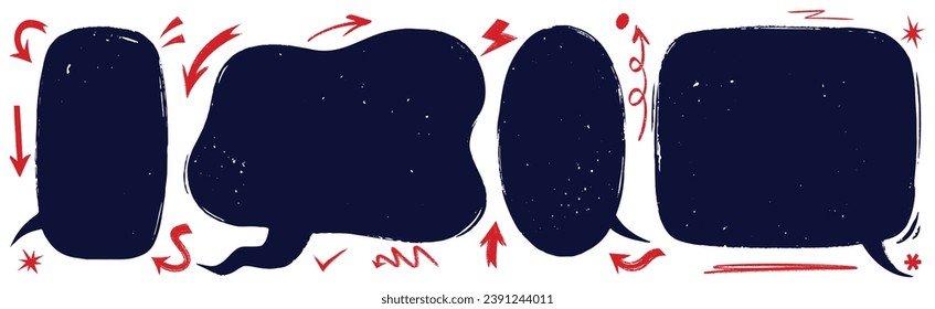 Grungy Speech bubbles set. Various hand drawn rough talk balloon shapes with abstract signs and arrows 