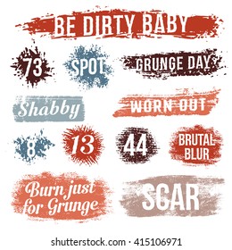 Grungy spots, streaks, droplets, splash, strip. Text just as an example, it is a separate layer and can be easily removed.