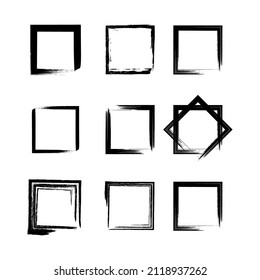Grungy square blob spots. Set of black vintage frames. Vector strokes illustration.