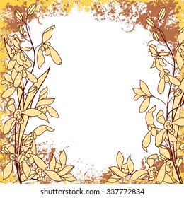 Grungy square frame in gold and brown colors. Floral ornament with tropical orchid flowers. Ink vector collection.
