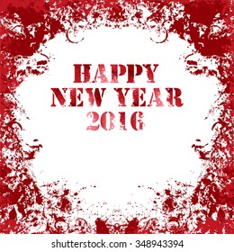 Grungy square Greeting card in red colors. Happy New Year 2016. Ink vector collection.