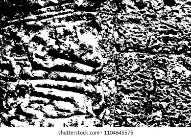 Grungy stone distressed vector texture. Black and white splatter for obsolete effect. Rough stone grunge overlay. Rustic stone relief. Aged and worn texture. Monochrome grit layer. Rough stone surface