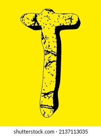 Grungy stone letter with cracks.Vector rough letter on yellow background.Art font.