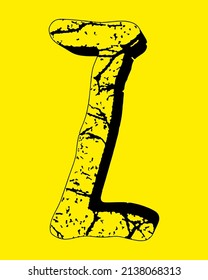Grungy stone letter with cracks.Vector rough letter on yellow background.Art font.