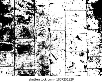 Grungy stone tile pattern black vector texture on transparent background. Aged wall surface with cracks and grit. Vintage overlay with natural stone textured effect. Old bricks weathered background 