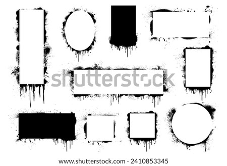 Grungy street art, isolated geometric empty frames with leaking ink and splashes. Vector spray paint graffiti, rectangle and square, circle borders with blobs and splatters spots flowing