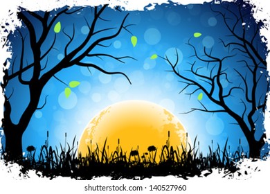 Grungy Sunrise Background with Trees and Grass