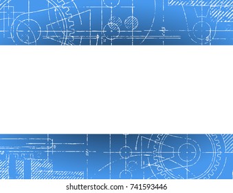 Grungy technical blueprint illustration with white copy space banner
