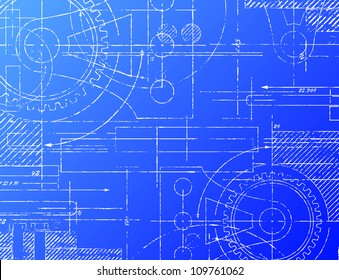 Grungy technical blueprint vector illustration on blue background