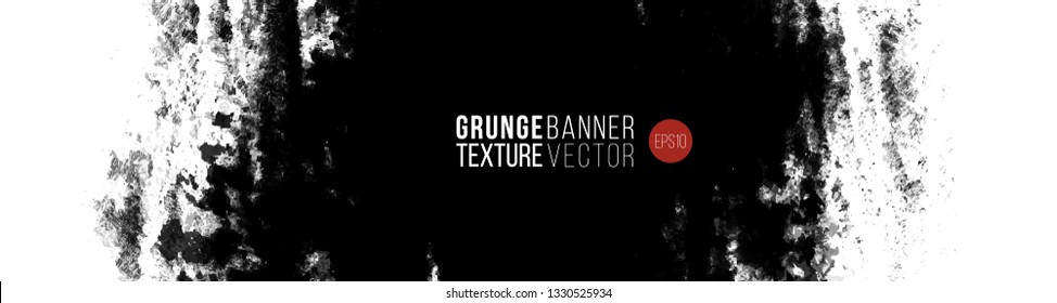 Grungy texture horizontal banner. Vector hand drawn ink brush stain. Grayscale painted stroke. Monochrome artistic backdrop.
