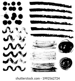 Grungy texture set, brush stroke elements, hand drawn waves, square, smears, imprint on white background illustration, design, print and other