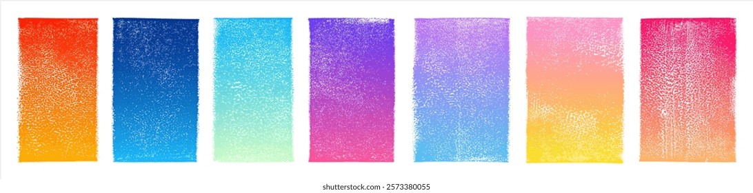 Grungy textured gradient rectangle shapes vector set. Artistic colorful backgrounds, banners. Linocut relief printing rough textures. Paint roller stains, lino ink grunge text box templates.