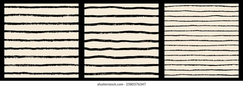 Grungy textured hand drawn black stripes, pinstripes seamless patterns, dividers set. Brush, chalk, charcoal, crayon doodle textured streaks, bars background. Rough, artistic edge. Striped templates.