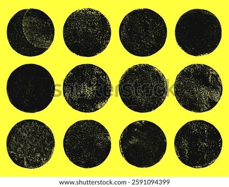 Grungy textured hand printed circle shapes collection. Linocut vector relief block printing round rough retro aged old textures set. Lino ink grunge text frame templates. Artistic circles backgrounds