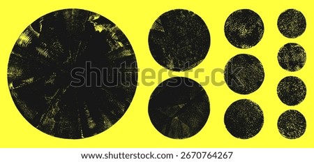 Grungy textured hand printed circle shapes of various size set. Handmade distressed backgrounds bundle. Linocut vector relief printing round rough retro aged texture. Grunge text frame boxes template.