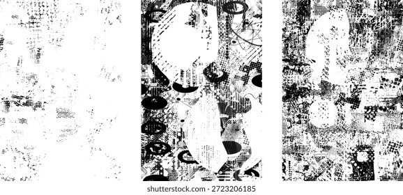 Conjunto de capas de póster con textura gruñona. Elemento de diseño para folletos, redes sociales, carteles, volantes. Superposición de textura. Anuncio texturizado con efecto de angustia. Vector de puntos de semitono . Textura de impresión de pantalla
