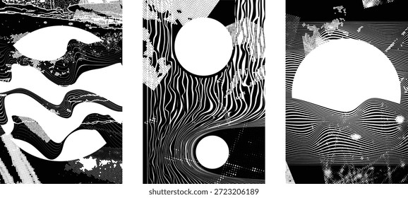 Conjunto de capas de póster con textura gruñona. Elemento de diseño para folletos, redes sociales, carteles, volantes. Superposición de textura. Anuncio texturizado con efecto de angustia. Vector de puntos de semitono . Textura de impresión de pantalla
