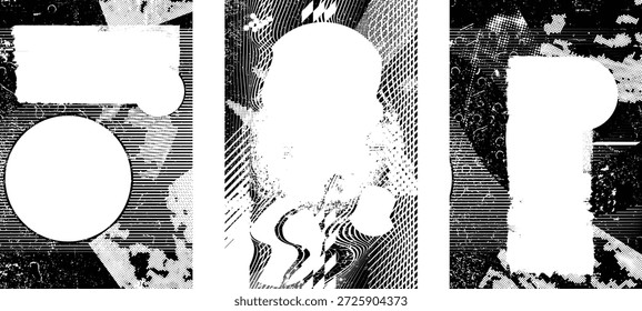 Grungy textured poster layers set. Design element for brochure, social media, posters, flyers. Overlay texture.Textured banner with Distress effect .Vector halftone dots . Screen print texture