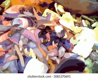 Grungy trash background for textures or prints. Multicolor background with leftovers of food on earth for environmental concepts, covers or wallpaper, textiles, posters, fabric products, etc.