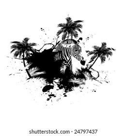Grungy tropical palm tree graphic with a zebra and lots of splatter.
