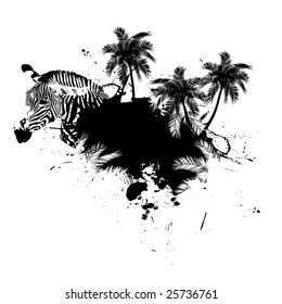 Grungy tropical palm tree graphic with a zebra and lots of splatter.