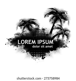 Grungy tropical palm tree graphic with lots of splatter. Vector