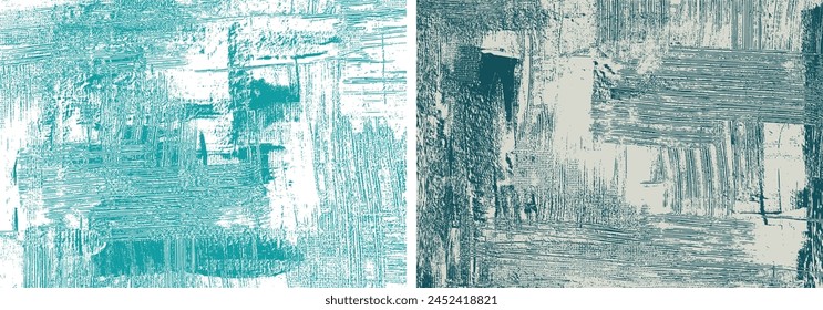 Grungy turquoise backgrounds rough paint strokes on canvas, azure set of two abstract paintings, cross hatching backdrops