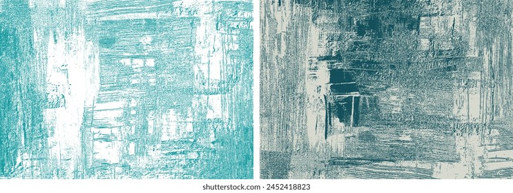 Grungy turquoise backgrounds rough paint strokes on canvas, azure set of two abstract paintings, cross hatching backdrops