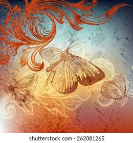 Grungy vector background with butterflies