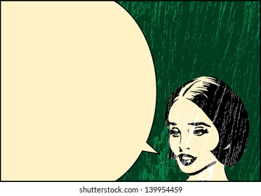 Grungy Vector Background Of A Female Comic Book Character Talking.